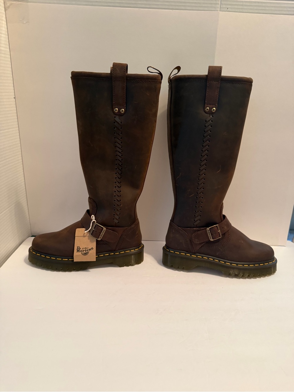 NWT Dr. Martens Anistone Brown Tall Harness Boots with Yellow Stitching - Picture 9 of 11